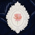 Art fairy magic framed illustration with a white ornate border and pink flower on a dark blue background