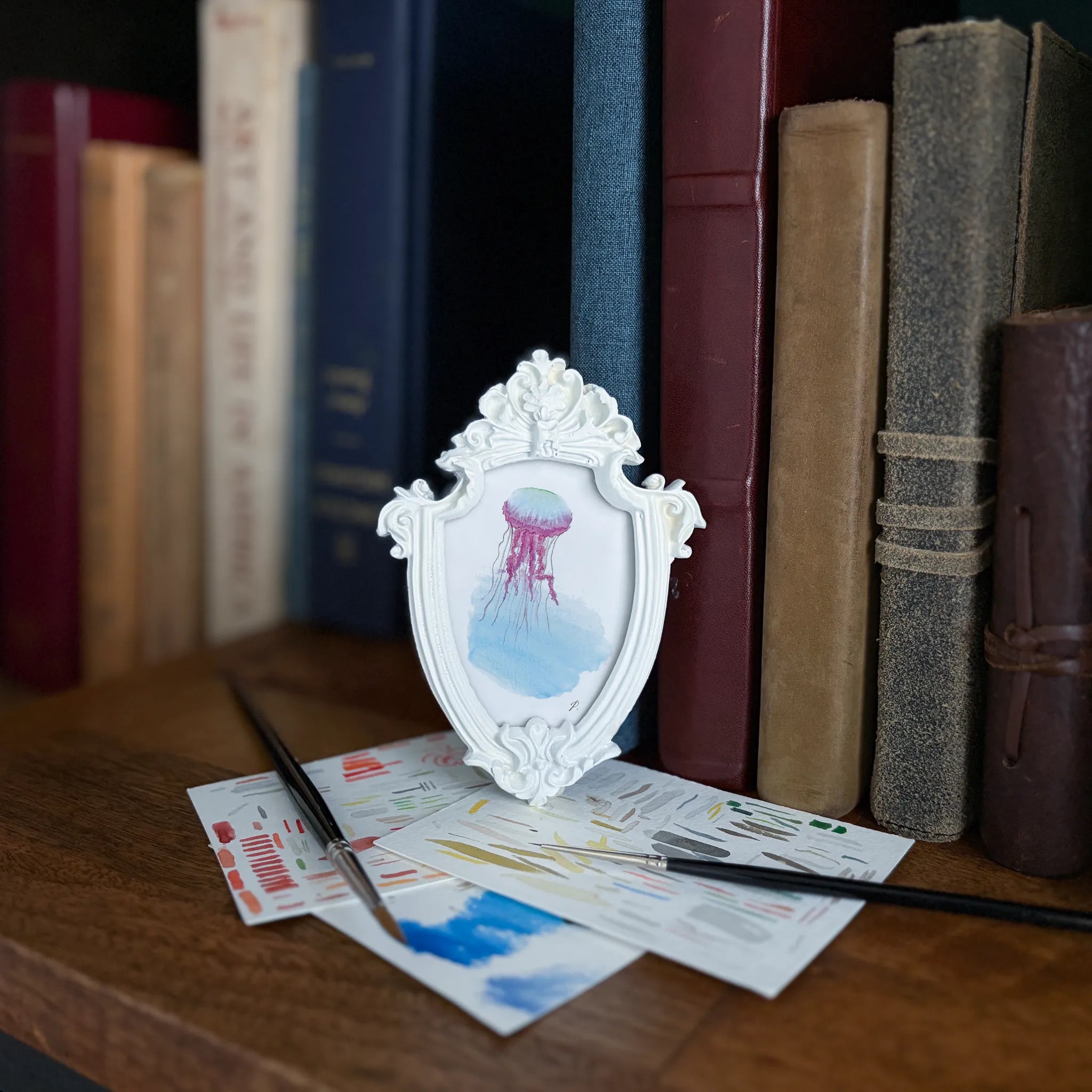 Art fairy magic theme framed illustration with a white ornate frame among colorful books and papers