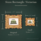 Art layout diagram showing two ornate fairy magic frames with green car illustrations and size measurements