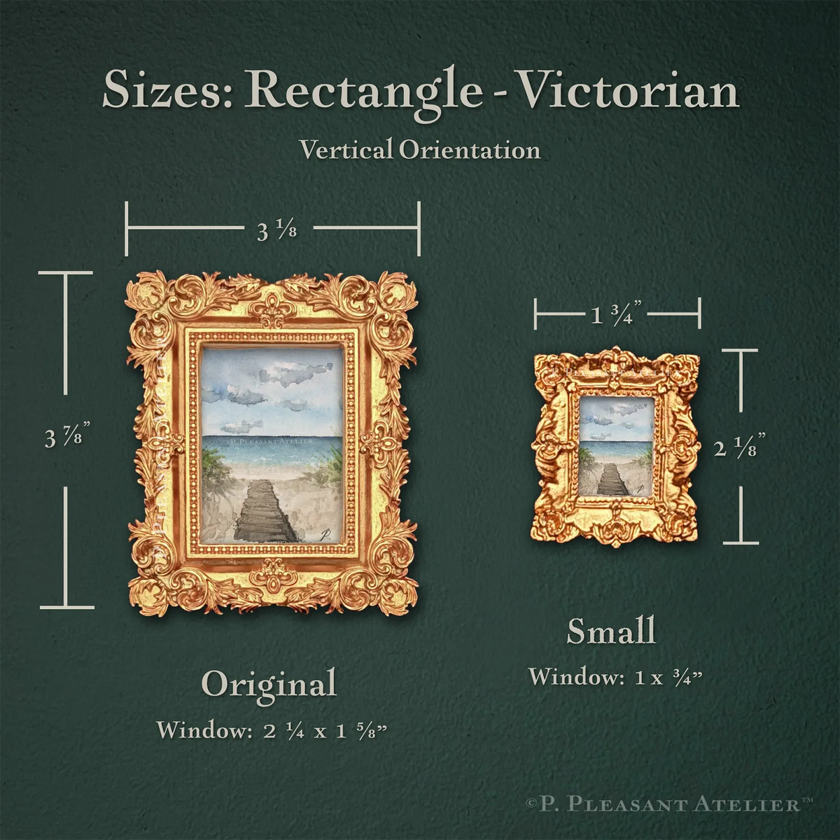 Art fairy magic theme showing ornate gold picture frames with size measurements on a dark green background
