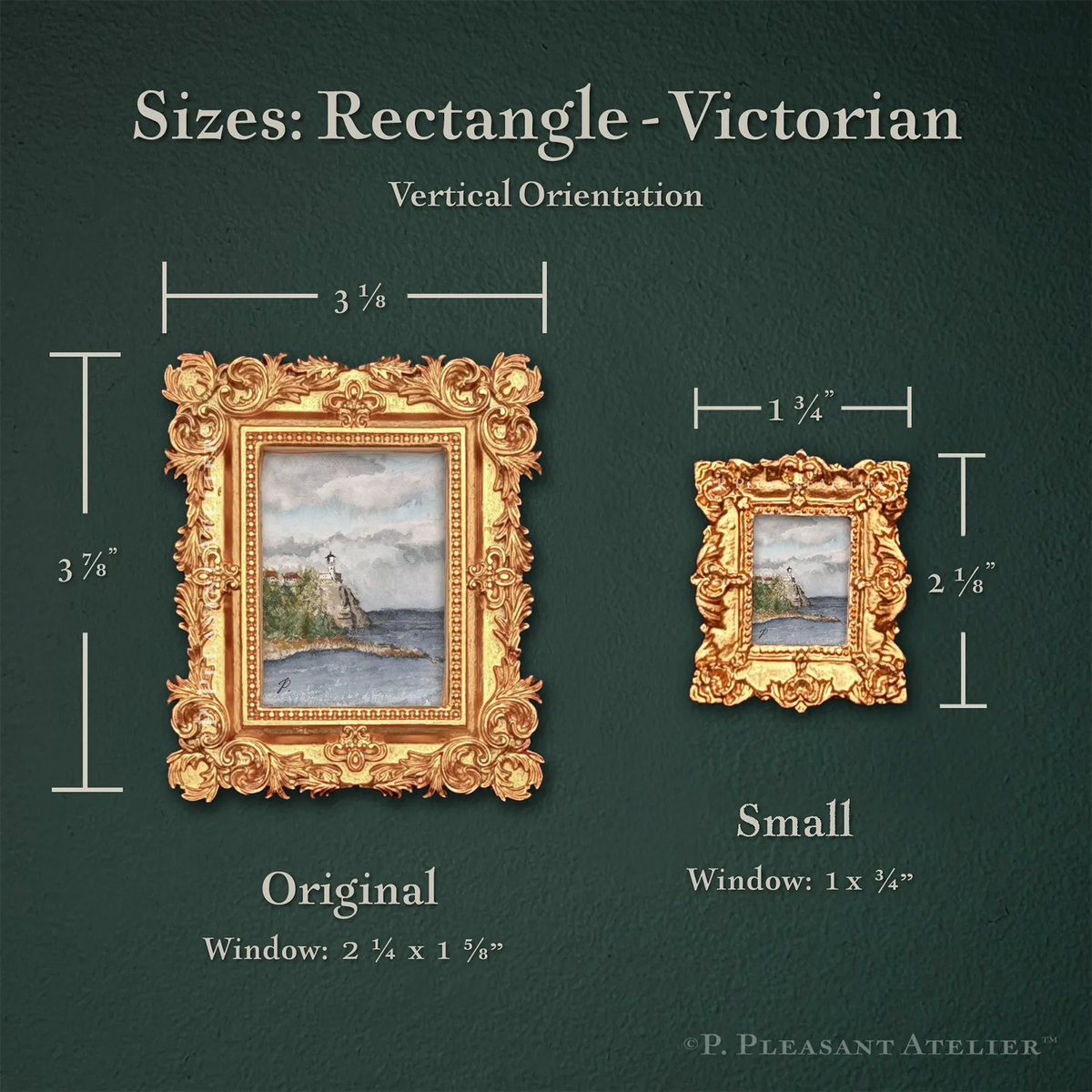 Size comparison graphic for a Victorian-style rectangular framed window, showing an ornate gold frame with a small landscape painting inset. The image includes dimension labels for the original and small versions on a dark green textured background, with the text 'Sizes: Rectangle - Victorian' and 'Vertical Orientation'.