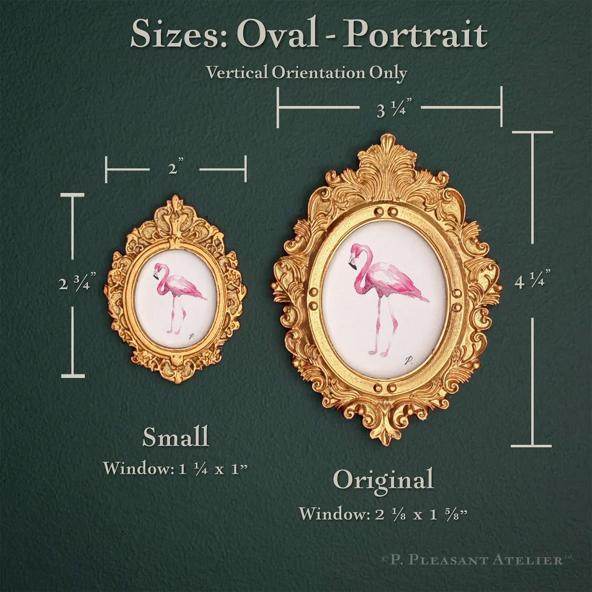 Flamingo framed masterpiece by P. Pleasant Atelier, gold oval portrait frame with Art Fairy Magic flamingos