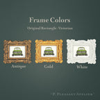 Art fairy magic themed frames showing a green vintage car in antique, gold, and white styles