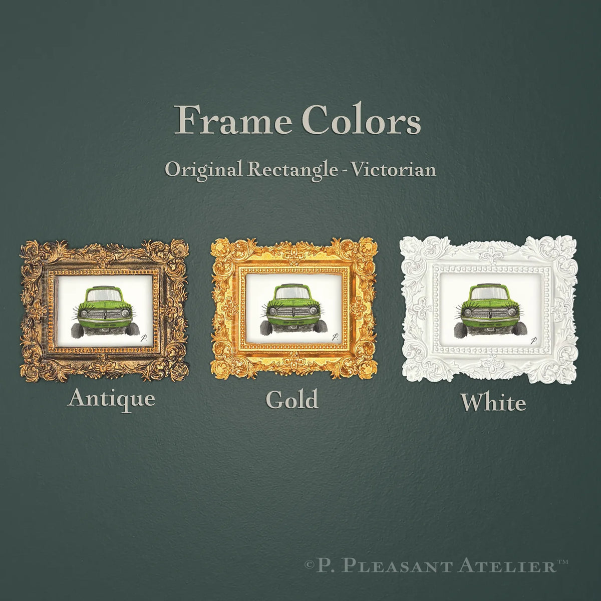 Art fairy magic themed frames showing a green vintage car in antique, gold, and white styles