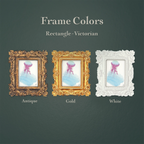 A product color comparison graphic showing three rectangular Victorian-style frames labeled Antique, Gold, and White, each containing a small watercolor jellyfish artwork. The text at the top reads 'Frame Colors' and 'Rectangle - Victorian'.
