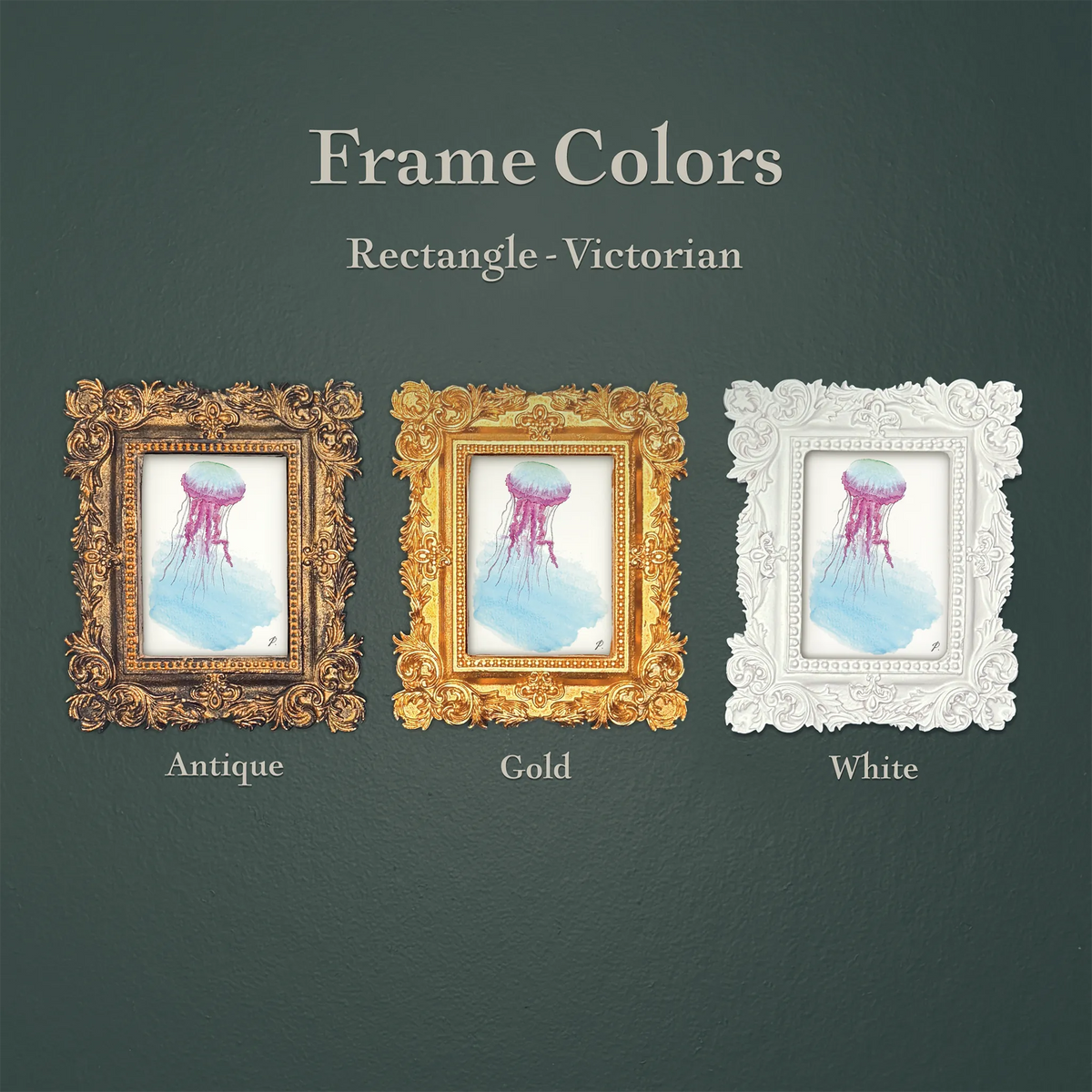 A product color comparison graphic showing three rectangular Victorian-style frames labeled Antique, Gold, and White, each containing a small watercolor jellyfish artwork. The text at the top reads 'Frame Colors' and 'Rectangle - Victorian'.
