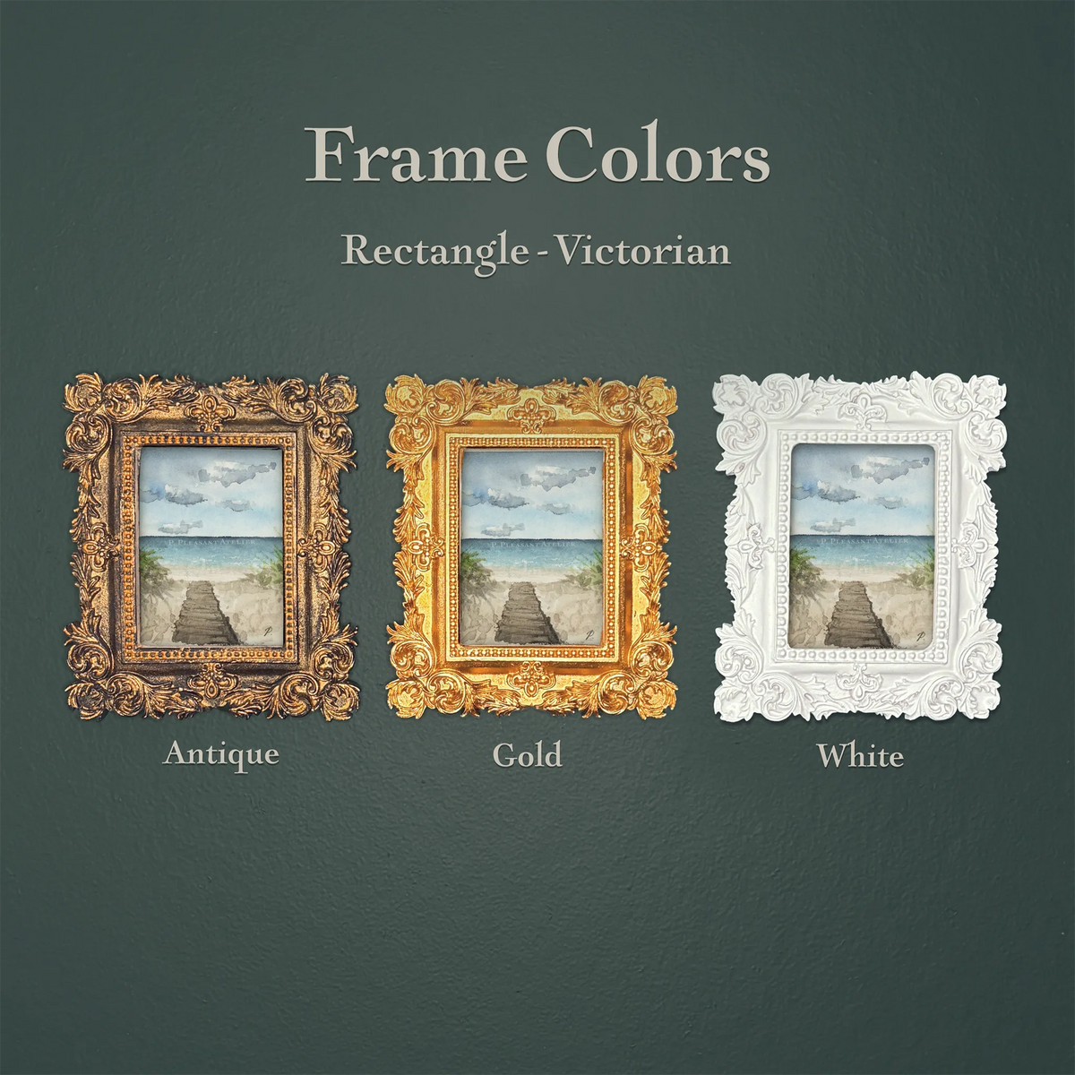 Art and Magic themed fairy frame colors, antique gold and white, with ornate rectangular picture frames