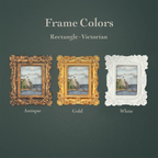 A product color comparison graphic showing three ornate rectangular Victorian-style frames on a dark green textured background. Text at the top reads 'Frame Colors' and 'Rectangle - Victorian,' with labels below the frames reading 'Antique,' 'Gold,' and 'White.