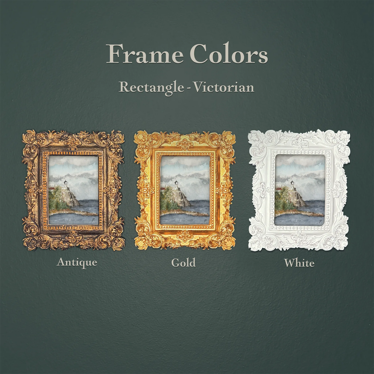 A product color comparison graphic showing three ornate rectangular Victorian-style frames on a dark green textured background. Text at the top reads 'Frame Colors' and 'Rectangle - Victorian,' with labels below the frames reading 'Antique,' 'Gold,' and 'White.