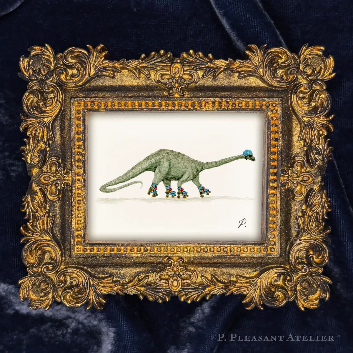 Viggo, the Rollerskatin' Brachiosaurus framed masterpiece by P. Pleasant Atelier with Art Fairy Magic