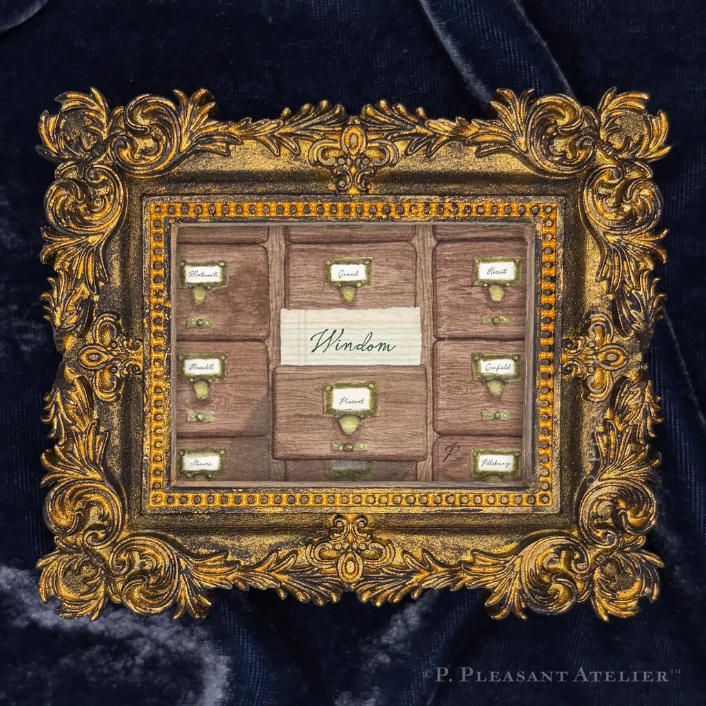 Card Catalogue Windom framed wall art by P. Pleasant Atelier with gold Art Fairy Magic accents