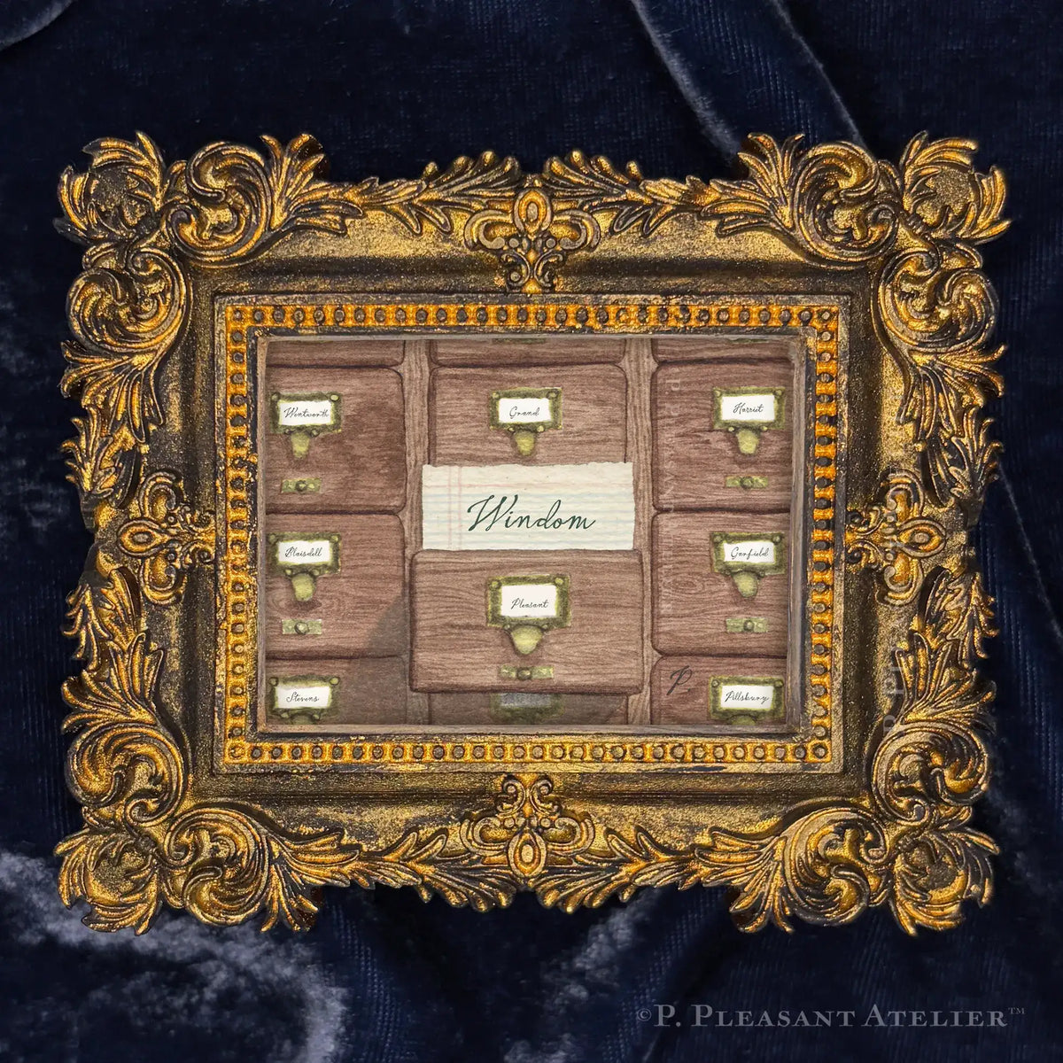 Card Catalogue Windom framed wall art by P. Pleasant Atelier with gold Art Fairy Magic accents