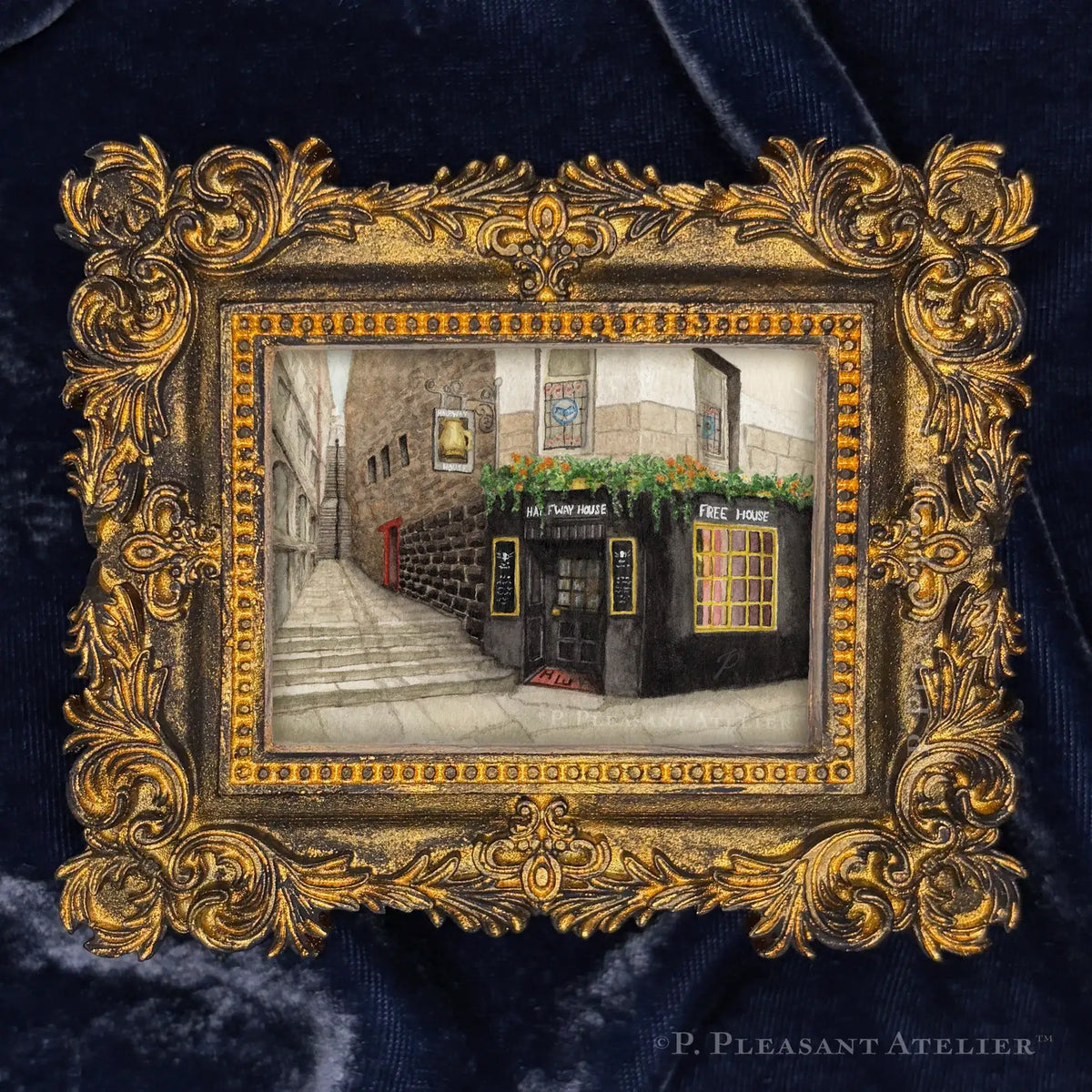 Halfway House Pub Edinburgh framed masterpiece by P. Pleasant Atelier, Art Fairy Magic in an antique gold frame