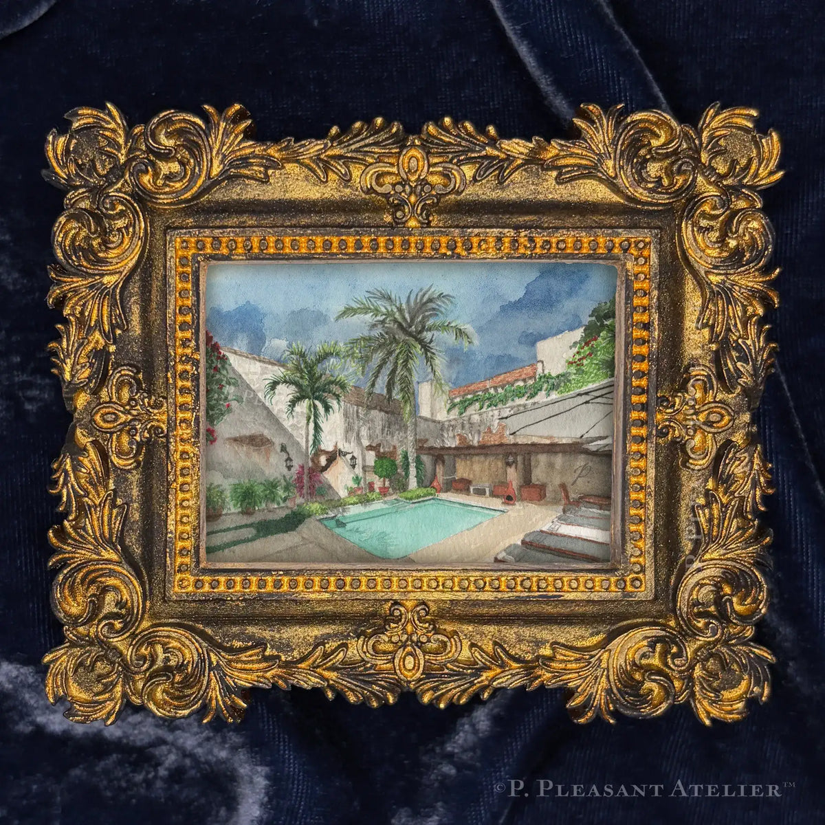 Hotel Courtyard Oaxaca framed wall art print by P. Pleasant Atelier, with Art Fairy Magic in antique gold