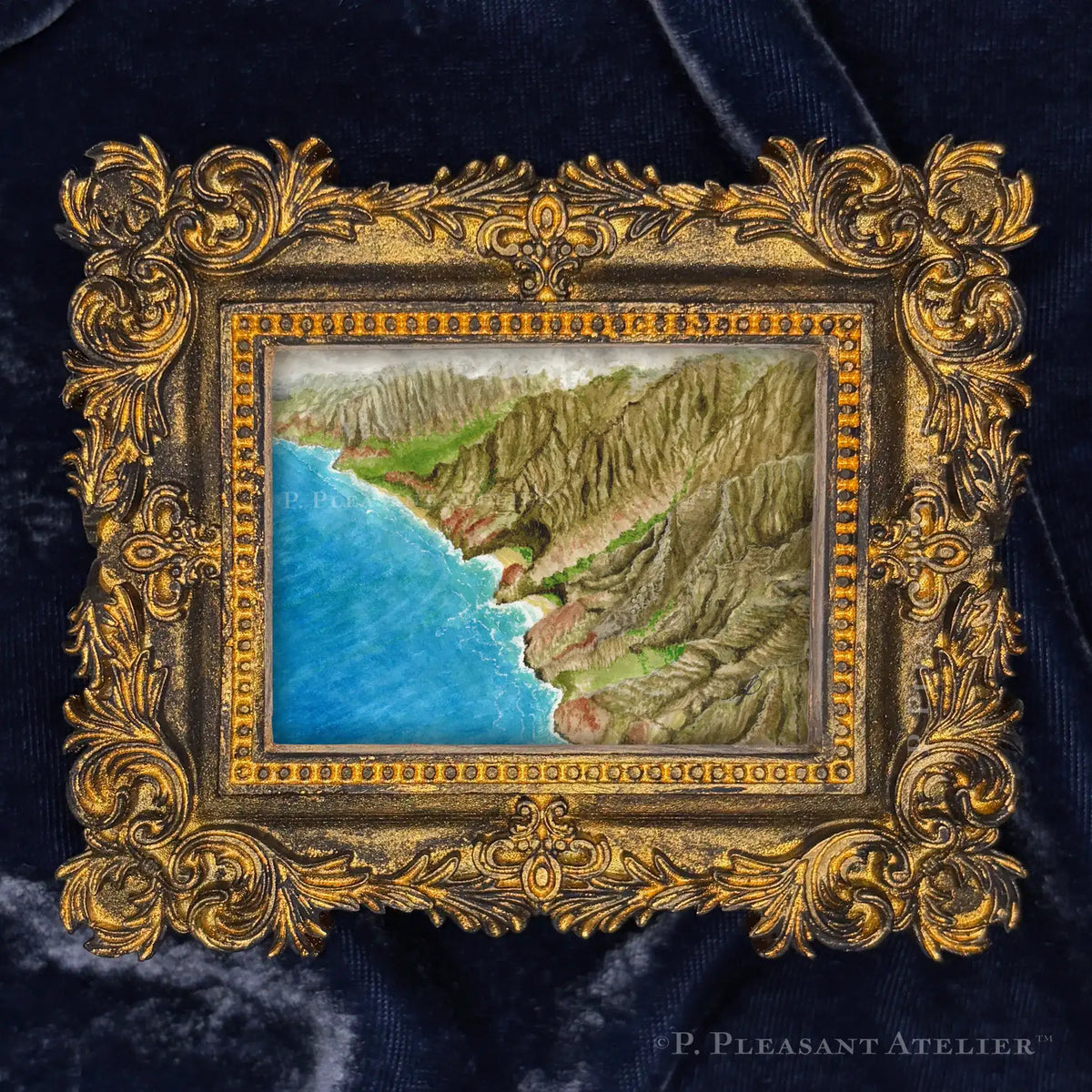 Nā Pali Coast, Kaua'i, Framed Masterpiece by P. Pleasant Atelier, gold Fairy Magic art in antique Victorian frame
