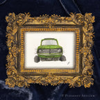 Art fairy magic framed illustration with a green car and ornate gold swirl border on dark blue fabric