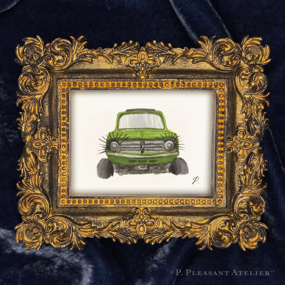 Art fairy magic framed illustration with a green car and ornate gold swirl border on dark blue fabric