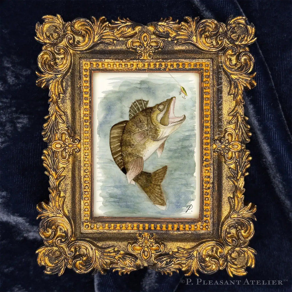 Walleye, Framed Masterpiece by P. Pleasant Atelier, Art Fairy Magic in an antique gold and white rectangle frame