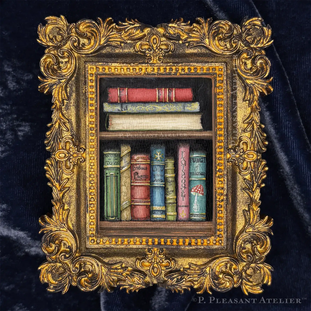 Callow, Callay Bookshelf by P. Pleasant Atelier with Art Fairy Magic framed Victorian rectangle