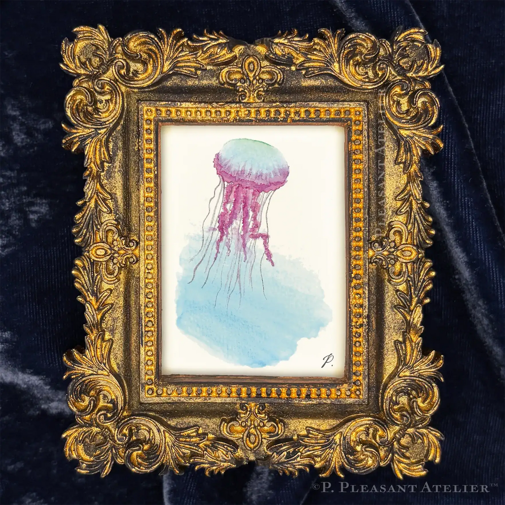 Jellyfish framed Masterpiece by P. Pleasant Atelier with Art Fairy Magic in an antique gold and white rectangle frame