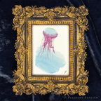 Jellyfish framed Masterpiece by P. Pleasant Atelier with Art Fairy Magic in an antique gold and white rectangle frame
