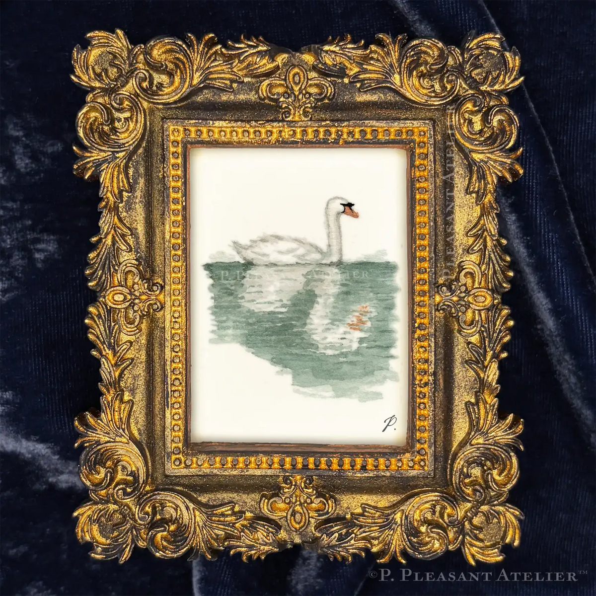 Art fairy magic framed illustration with a swan on water, set in an ornate gold border