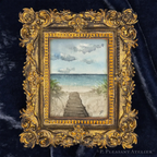 Art fairy magic framed painting with ornate gold scrollwork border and a cloudy sky scene