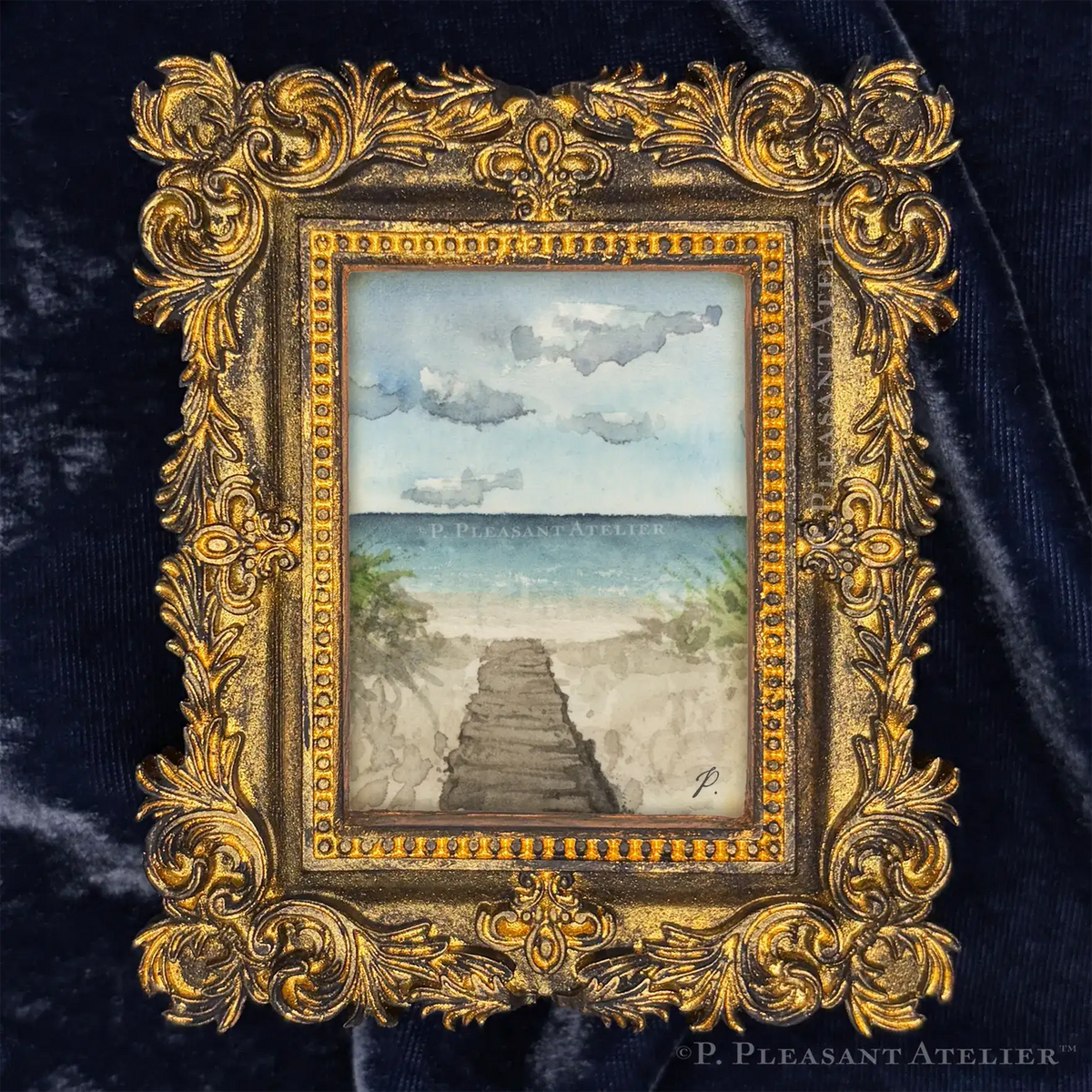Art fairy magic framed painting with ornate gold scrollwork border and a cloudy sky scene