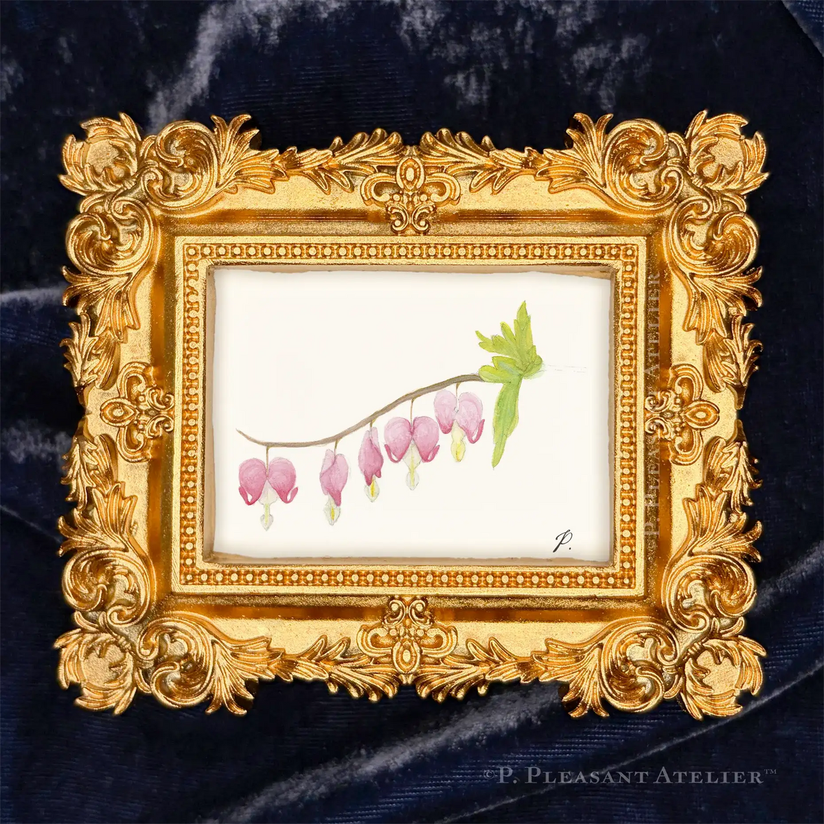 Bleeding Hearts, framed masterpeice by P. Pleasant Atelier, Art Fairy Magic in an antique gold and white rectangle