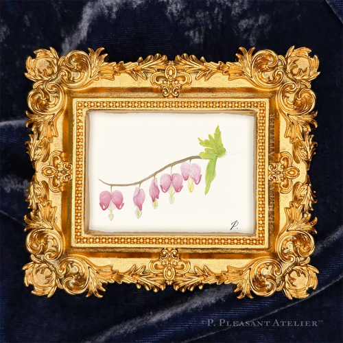 Bleeding Hearts, framed masterpeice by P. Pleasant Atelier, Art Fairy Magic in an antique gold and white rectangle