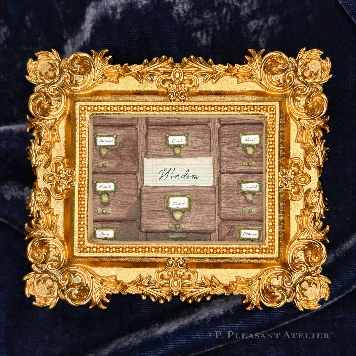 Card Catalogue Windom framed wall art by P. Pleasant Atelier in gold with Fairy Magic Art details