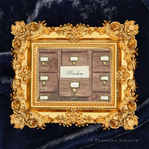 Card Catalogue Windom framed wall art by P. Pleasant Atelier in gold with Fairy Magic Art details