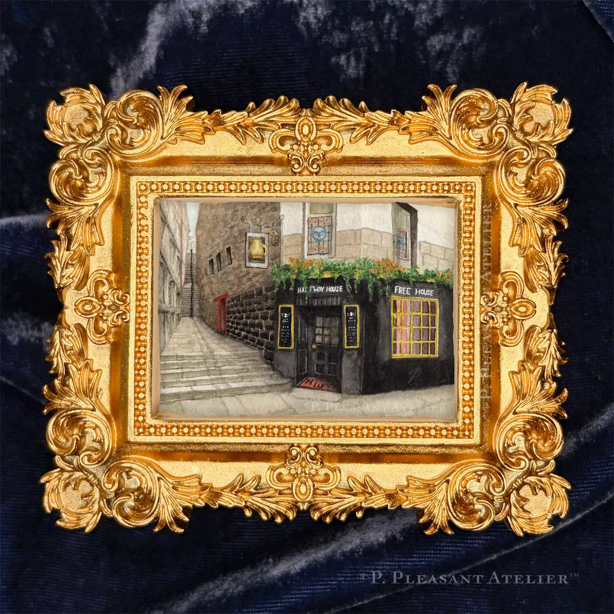 Halfway House Pub Edinburgh framed wall art by P. Pleasant Atelier in antique gold, Art Fairy Magic