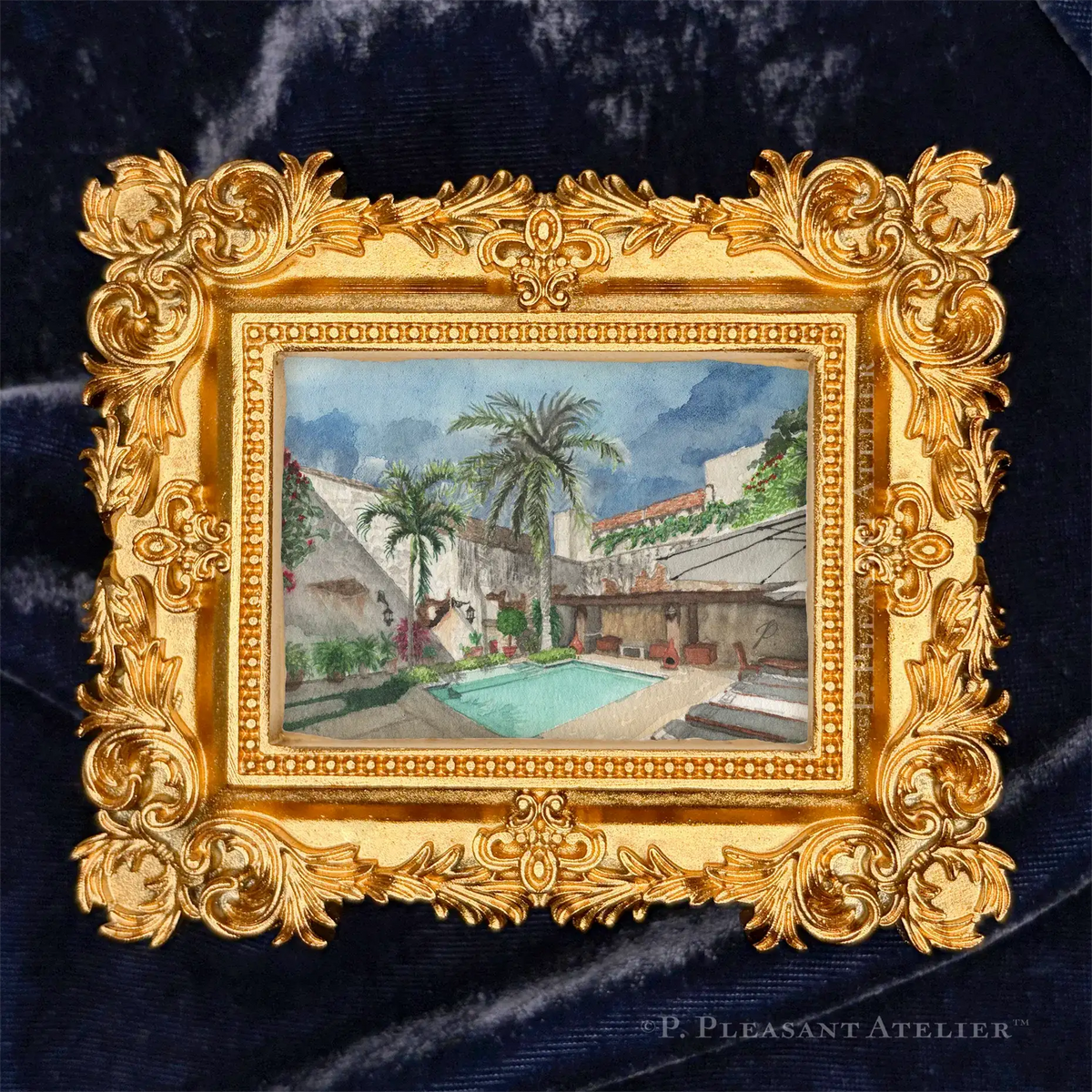 Hotel Courtyard Oaxaca by P. Pleasant Atelier framed wall art print with Art Fairy Magic in antique gold