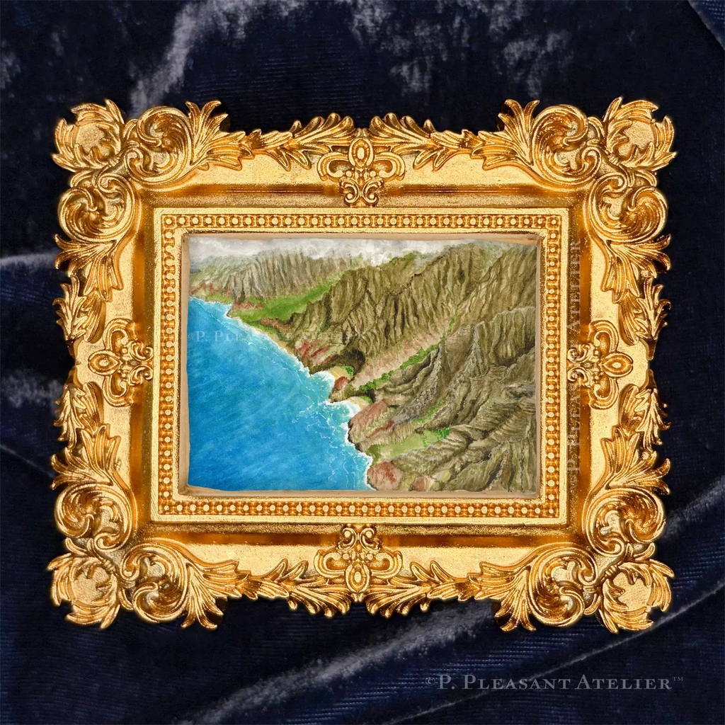 Nā Pali Coast, Kaua'i framed masterpiece by P. Pleasant Atelier with gold Art Fairy Magic coastal scene