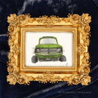 Art fairy magic framed illustration of a green toy car with smoky clouds behind an ornate gold border