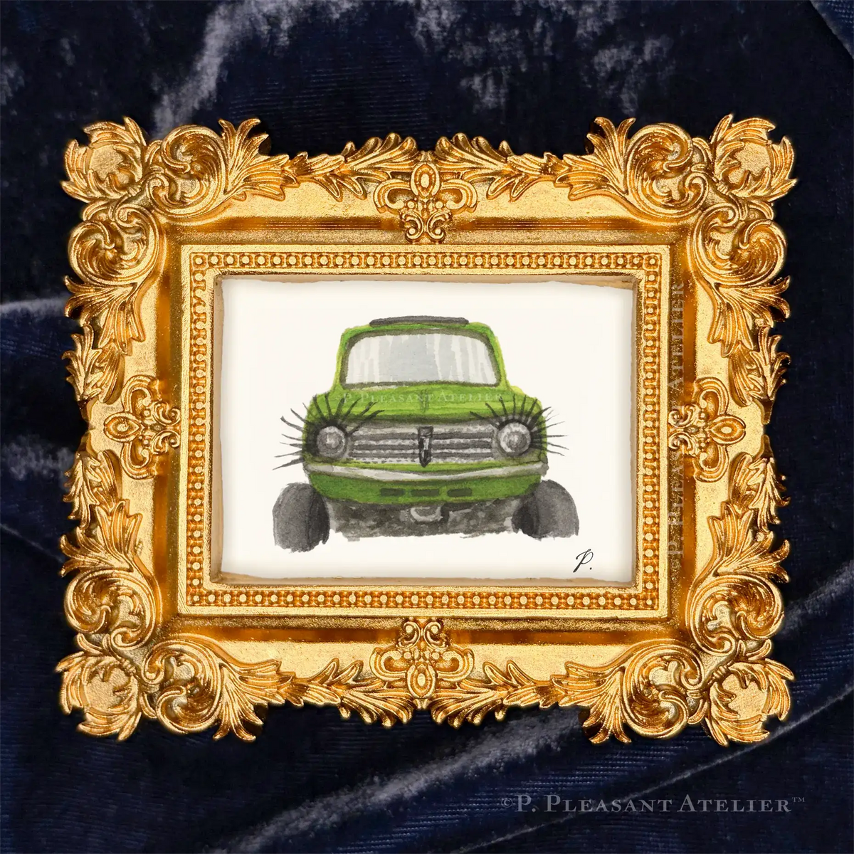 Art fairy magic framed illustration of a green toy car with smoky clouds behind an ornate gold border