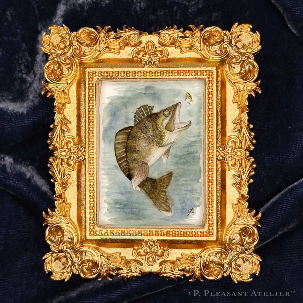Walleye framed masterpiece by P. Pleasant Atelier with Art Fairy Magic in an antique gold Victorian rectangle frame