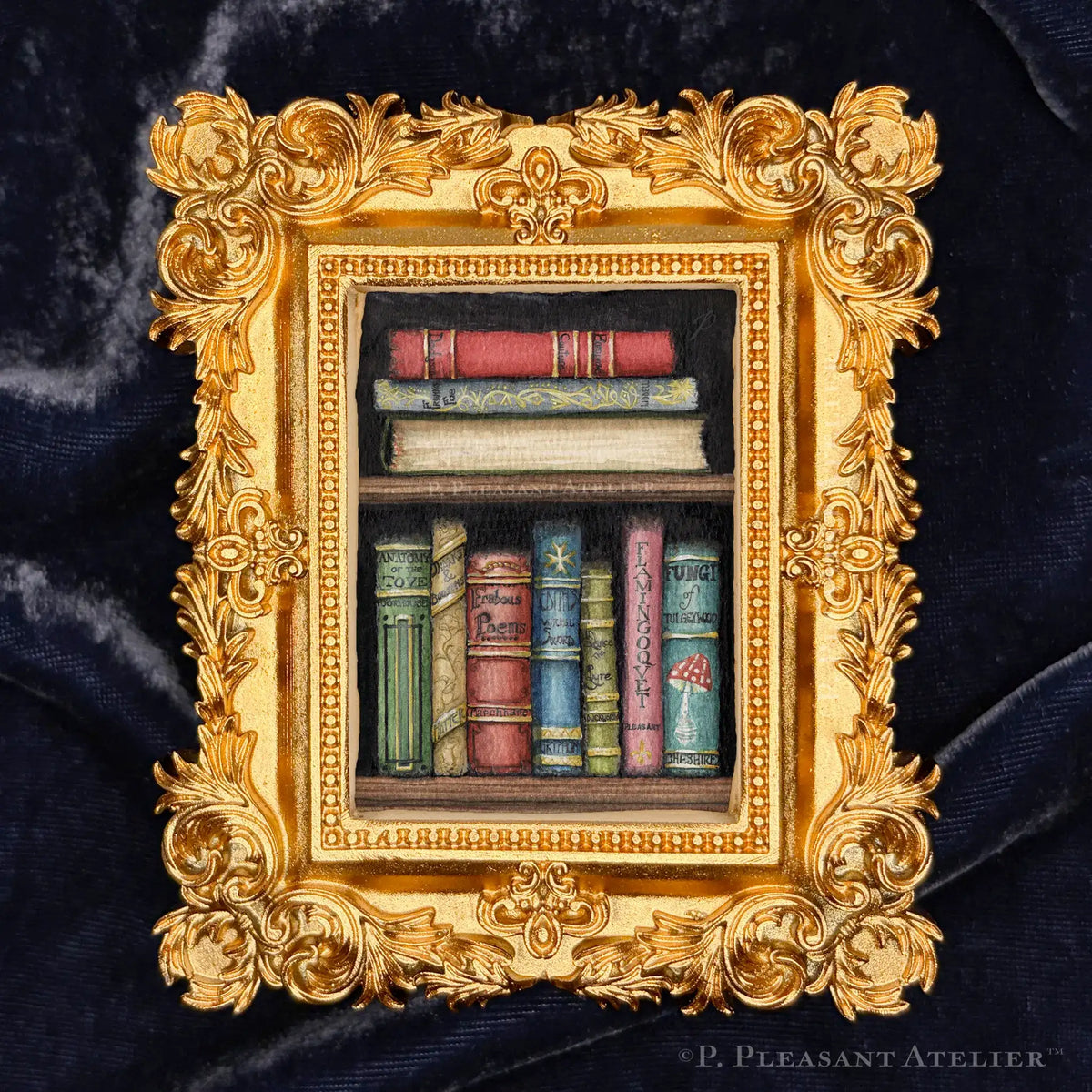 Callow, Callay bookshelf by P. Pleasant Atelier with gold Art Fairy Magic details in a Victorian frame
