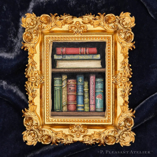 Callow, Callay bookshelf by P. Pleasant Atelier with gold Art Fairy Magic details in a Victorian frame