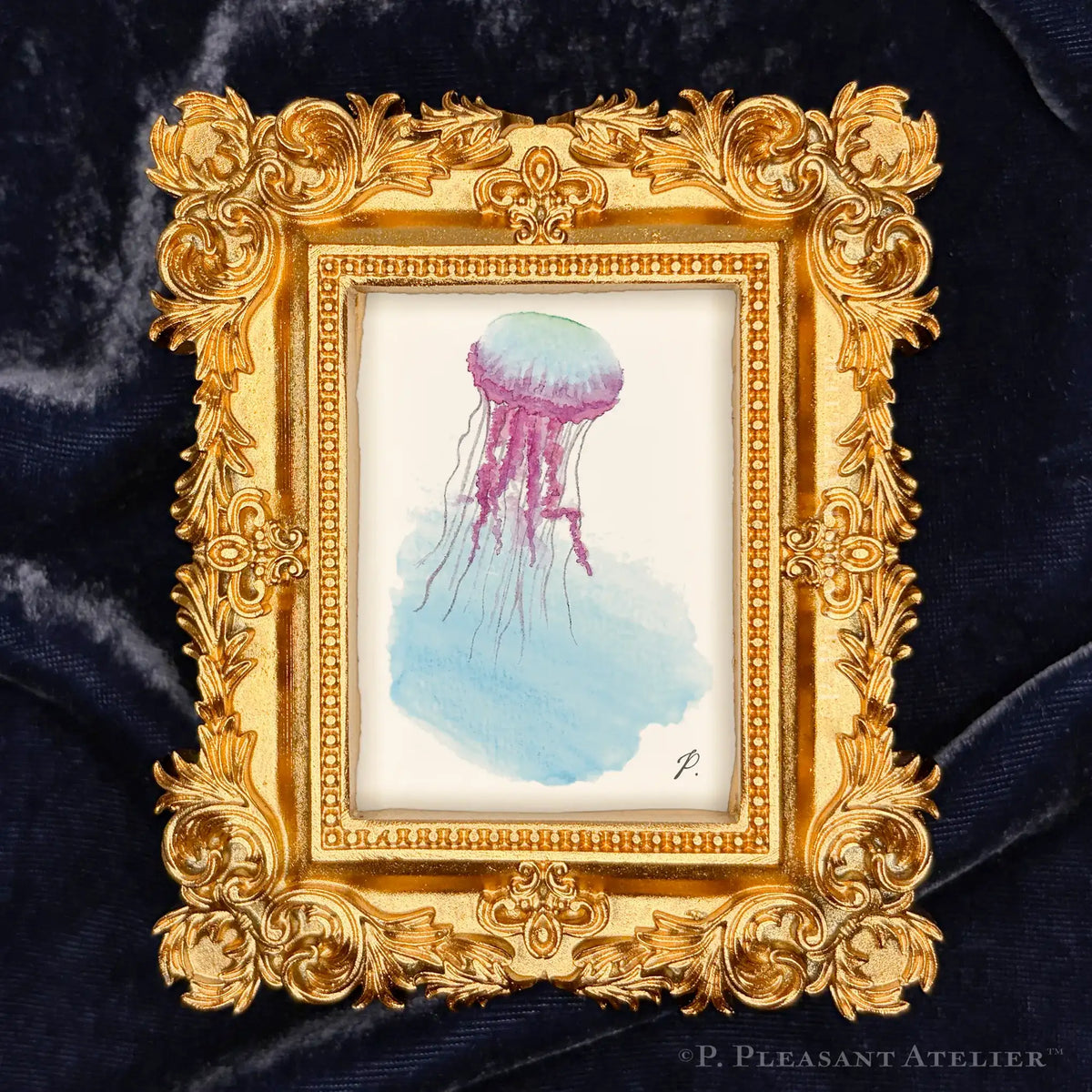 Jellyfish Framed Masterpiece by P. Pleasant Atelier, Art Fairy Magic in an antique gold rectangle frame