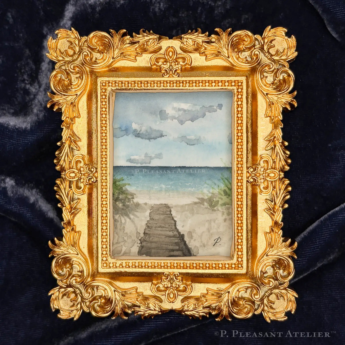 Art fairy magic style frame with ornate gold carvings around a small landscape painting