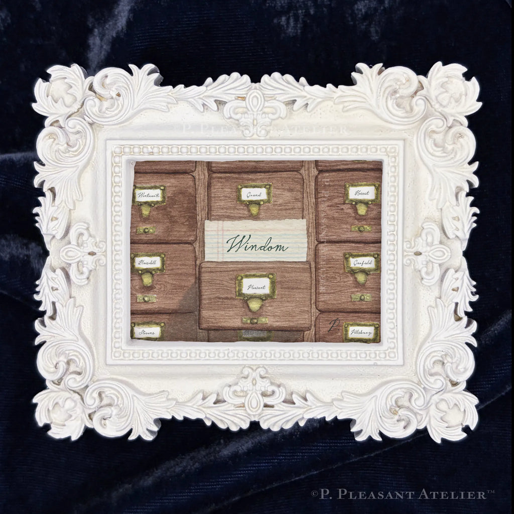Card Catalogue Windom framed wall art by P. Pleasant Atelier in antique gold, Art Fairy Magic