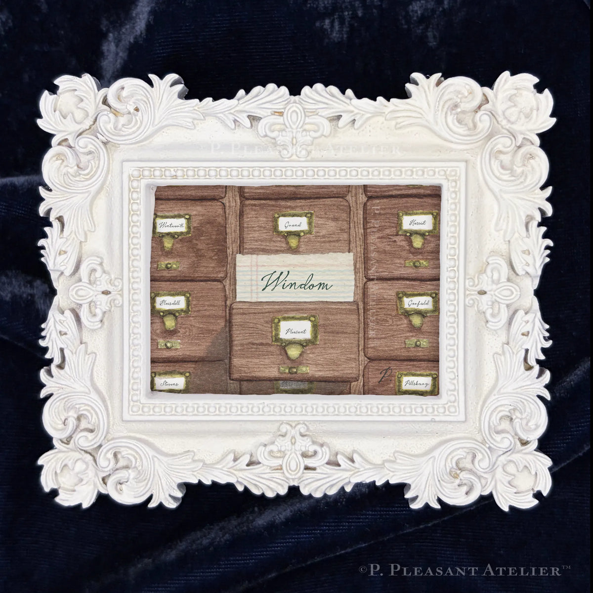 Card Catalogue Windom framed wall art by P. Pleasant Atelier in antique gold, Art Fairy Magic
