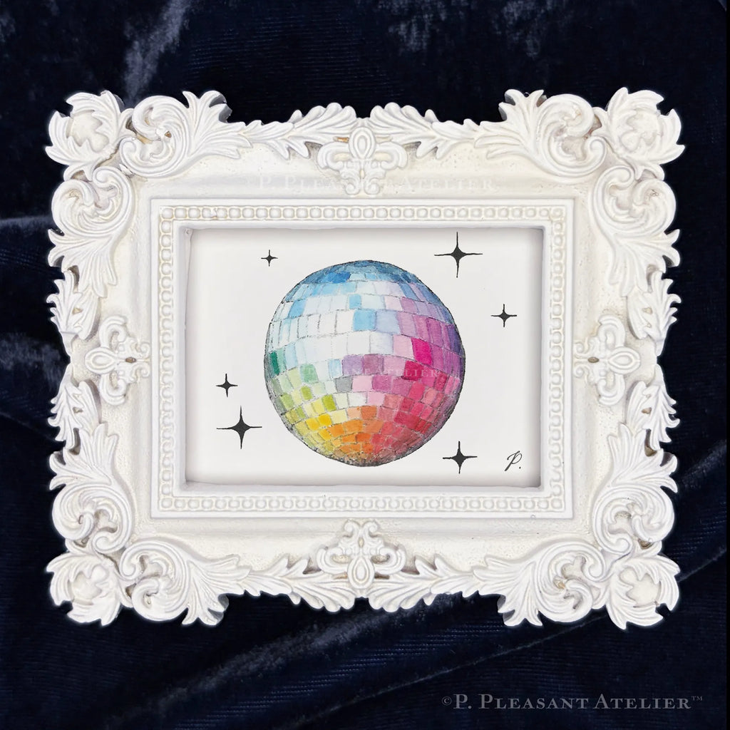 Disco Ball framed wall art by P. Pleasant Atelier with Fairy Magic Art in an antique gold white rectangle frame