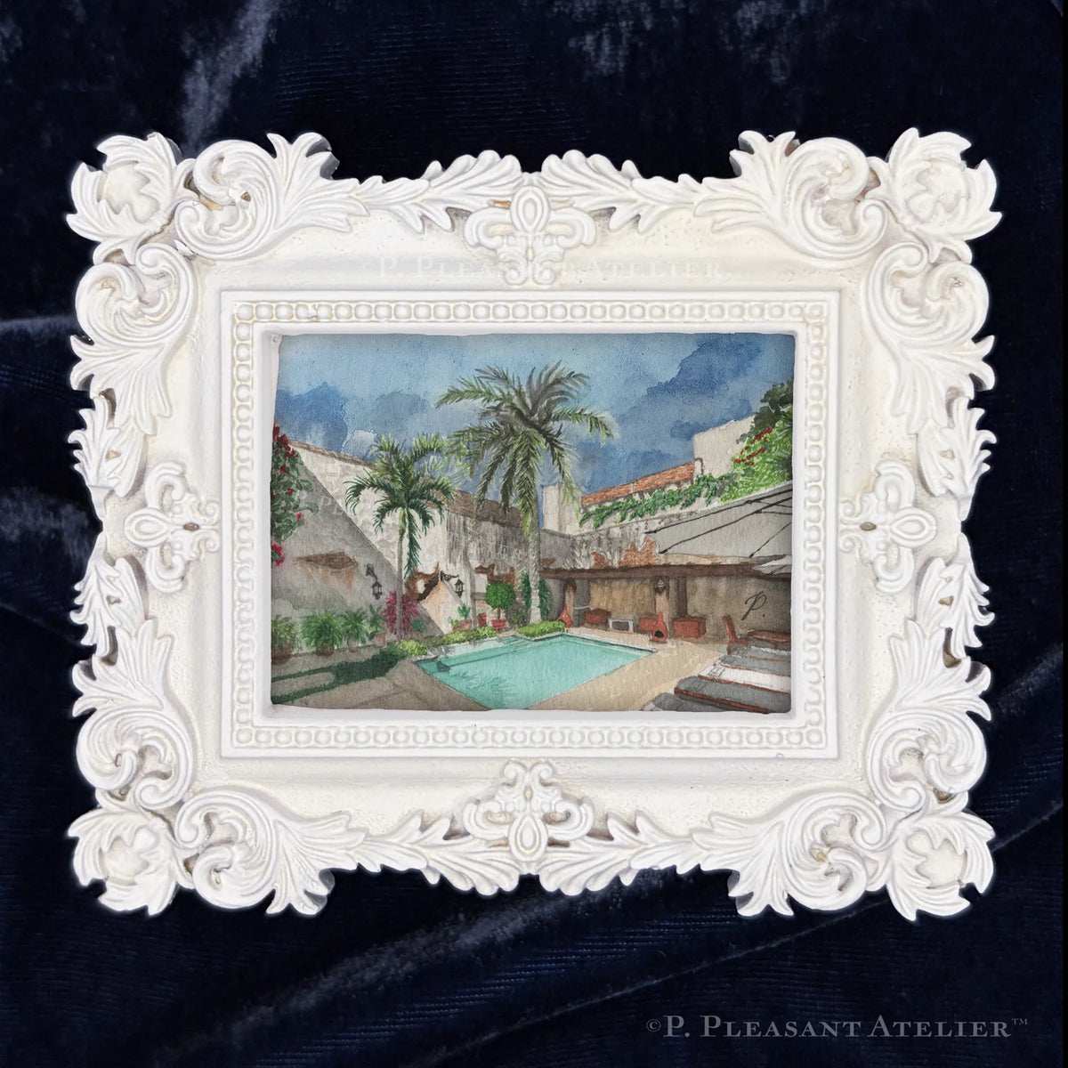 Hotel Courtyard Oaxaca framed wall art print by P. Pleasant Atelier with Fairy Magic Art in antique gold white