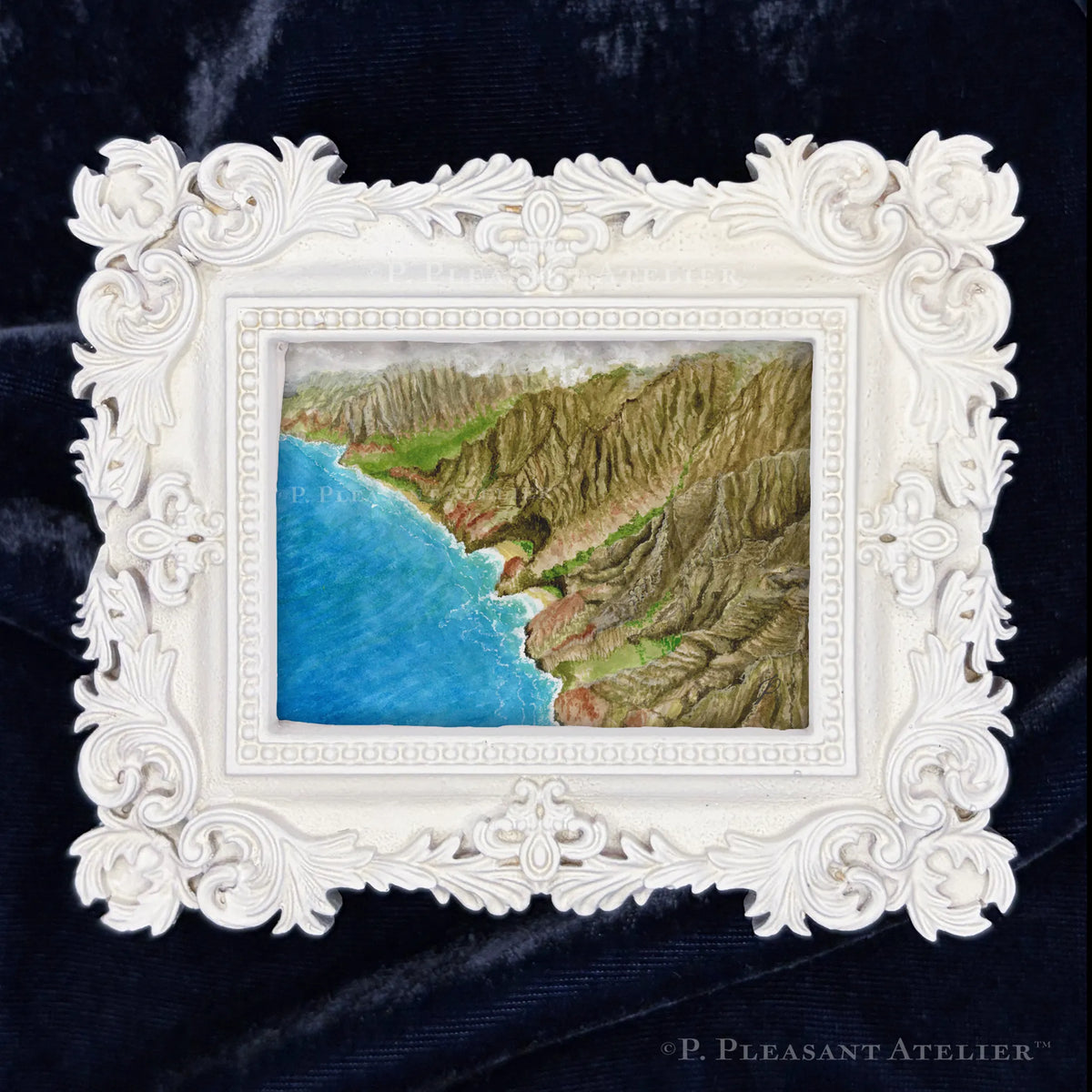 Nā Pali Coast, Kaua'i, Framed Masterpiece by P. Pleasant Atelier, white rectangle Victorian frame with Art