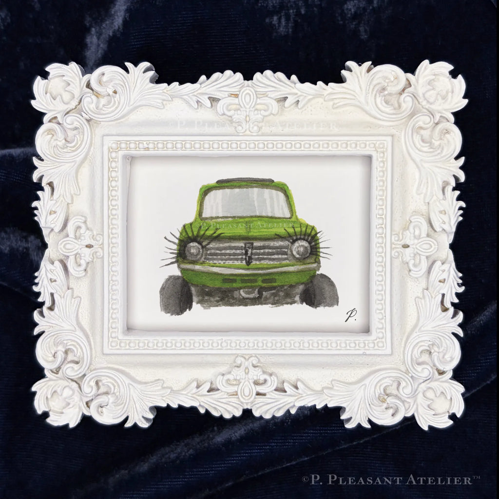 Art fairy magic style framed illustration with white ornate border and a green toy-like van