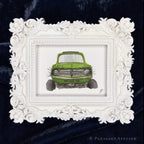 Art fairy magic style framed illustration with white ornate border and a green toy-like van