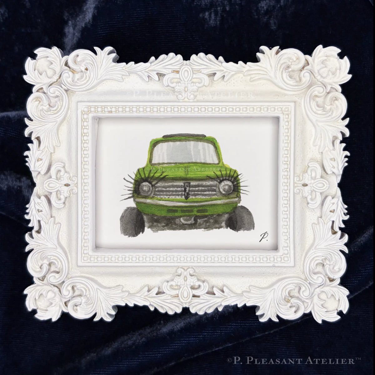 Art fairy magic style framed illustration with white ornate border and a green toy-like van